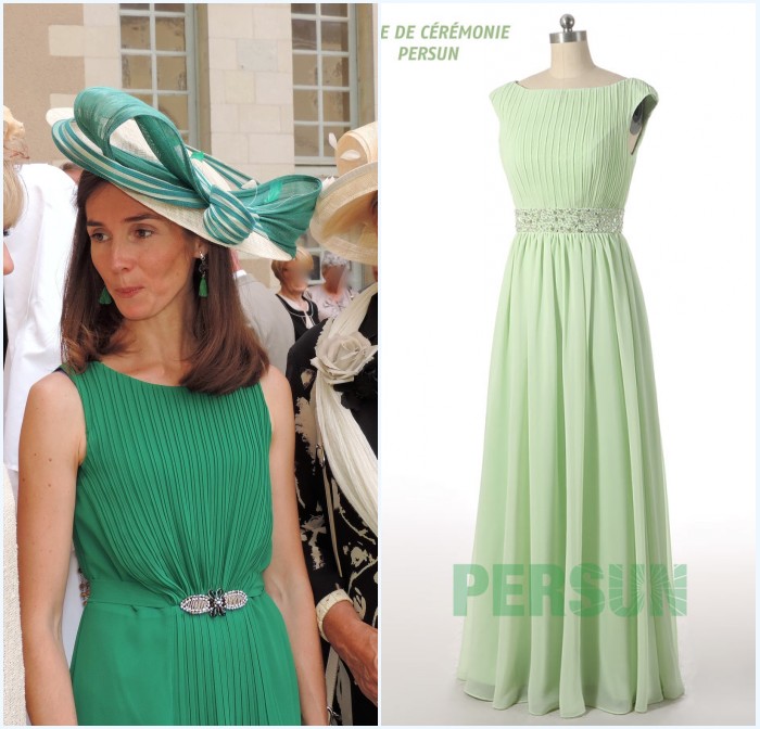 chapeau verte pour une robe de soirée verte longue plissé pour mariage