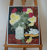 N°29 Petit chien aux fleurs avec cadre Carton 40x50cm Huile 200 euros