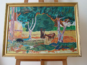 N°5 Paysage de Tahiti d'après Gauguin avec cadre Toile 50x70 cm Huile 600 euros